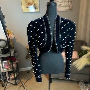 Navy Blue Vintage Diamond and Pearl Velvet Jacket with Quilted Detail.